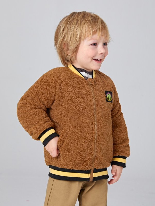Toddler Boys Patch Detail Zip Up Striped Trim Teddy Bomber Jacket SHE
