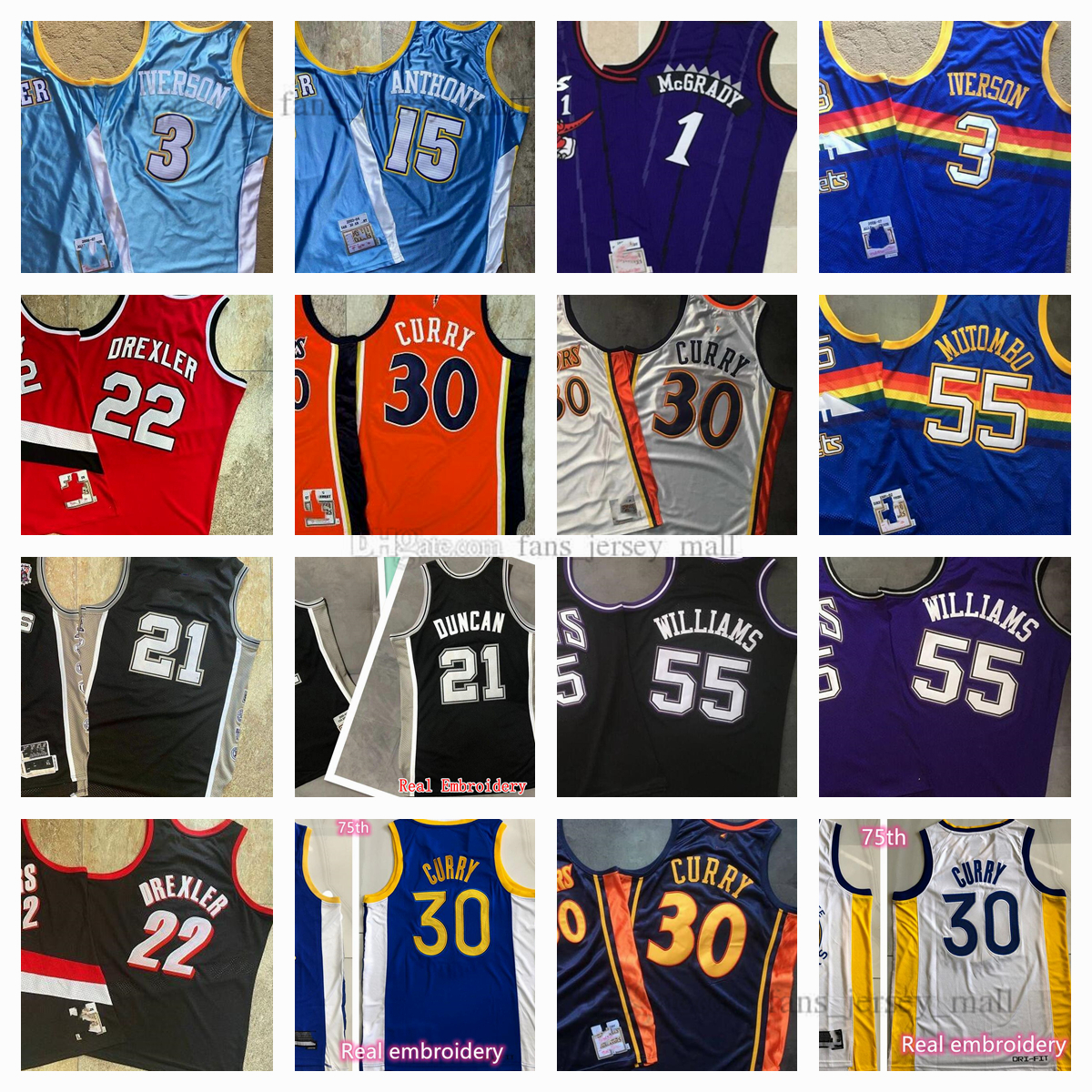 Real Stitched Retro Mitchell and Ness Basketball Jerseys Carmelo Anthony Dikembe Mutombo Stephen Curry Allen Iverson Clyde Drexler Jason Williams Tim Duncan, Same as picture
Real Stitched Retro Mitchell and Ness Basketball Jerseys Carmelo Anthony Dikembe Mutombo Stephen Curry Allen Iverson Clyde Drexler Jason Williams Tim Duncan, Same as picture