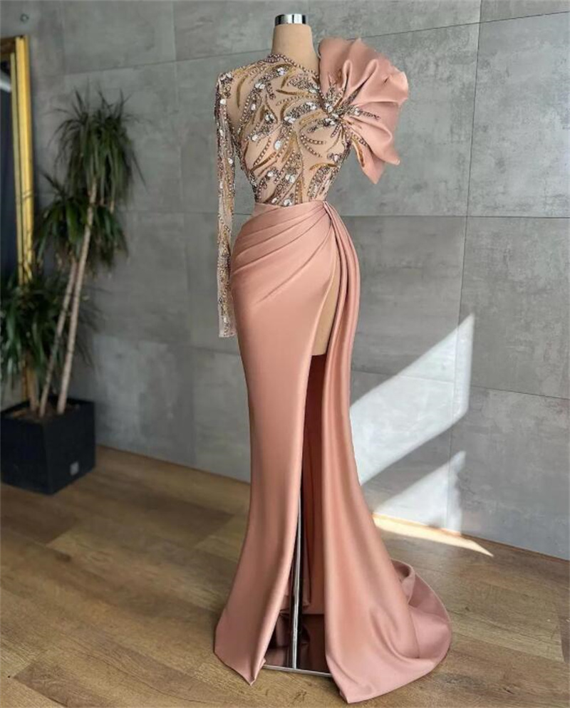 Glamorous One Shoulder Evening Dresses Crystals Lace Appliques Prom Dresses Side Split Ruffles Beaded Celebrity Women Formal Party Pageant Gowns