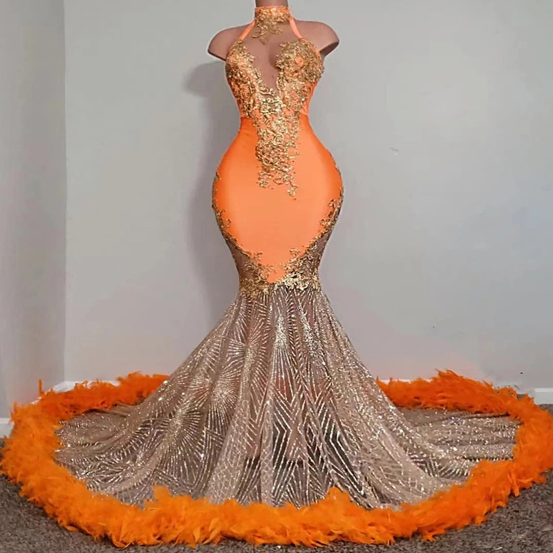 Luxury Mermaid Orange Prom Dresses Feather 2022 For Black Girls Aso Ebi Plus Size African Evening Dress With Sequined Trumpet Reception Party Gowns Ro