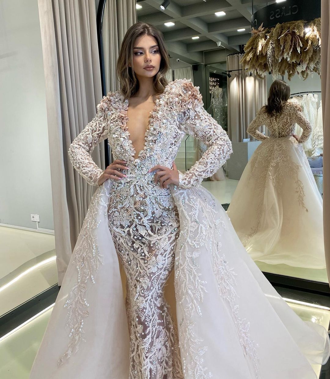 2022 Plus Size Arabic Aso Ebi Mermaid Lace Beaded Wedding Dress Deep V-neck Long Sleeves Bridal Gowns Dresses ZJ503