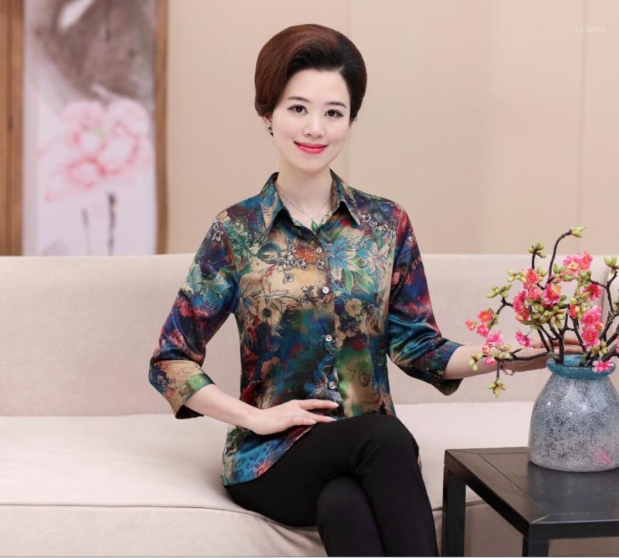Women's Blouses & Shirts Fashion Mother Summer Three Quarter Sleeve Blouse Middle Age Women Floral Satin Female Flowers Silk Poplin Shirt, Blue 
Women's Blouses & Shirts Fashion Mother Summer Three Quarter Sleeve Blouse Middle Age Women Floral Satin Female Flowers Silk Poplin Shirt, Blue