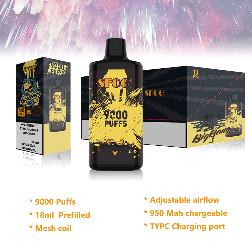 new original disposable e cigarette device SFOG big bang 9000 puff kit mesh coil vapes pod 18ml 2% 3% 5% concentration rechargeable disposable vape box 12 colors vapor
new original disposable e cigarette device SFOG big bang 9000 puff kit mesh coil vapes pod 18ml 2% 3% 5% concentration rechargeable disposable vape box 12 colors vapor
