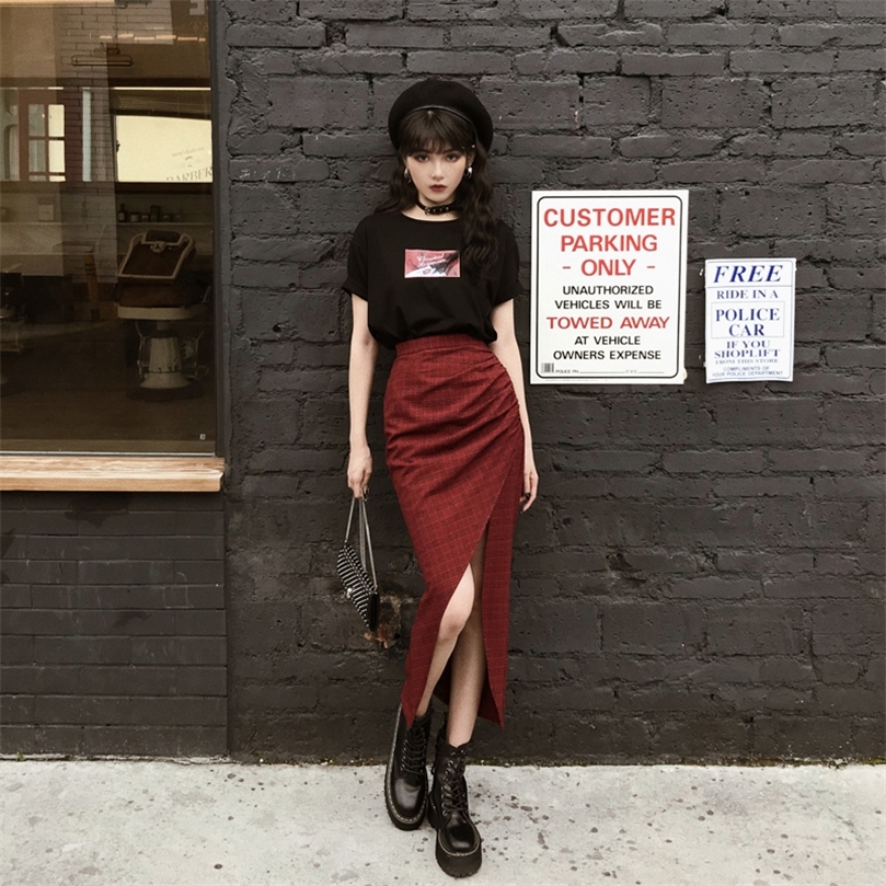 Leixin original dark hard girl cool and handsome Red Plaid split high waist long skirt shows thin autumn 220317