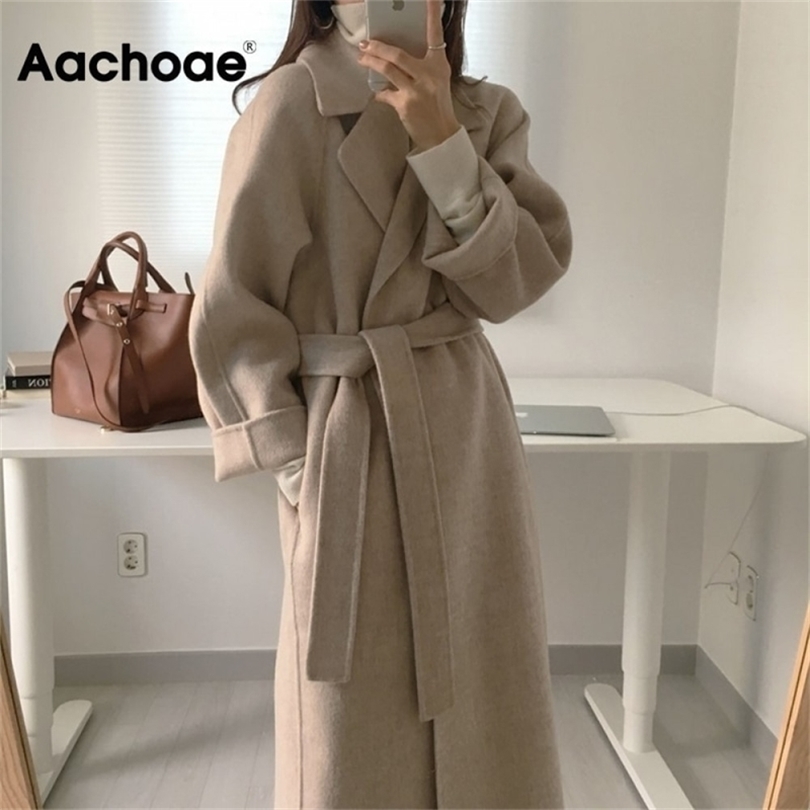 Aachoae Women Elegant Long Wool Coat With Belt Solid Color Long Sleeve Chic Outerwear Ladies Overcoat Autumn Winter 201112