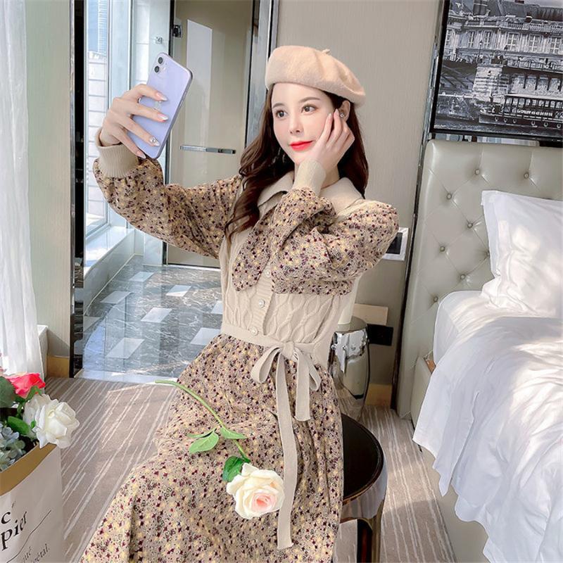 Casual Dresses Autumn Sweater For Women Winter Splicing Pullover Bow Belt Slim Knitting Sweet Corduroy Floral Print Midi Dress Vestidos, Black;gray
Casual Dresses Autumn Sweater For Women Winter Splicing Pullover Bow Belt Slim Knitting Sweet Corduroy Floral Print Midi Dress Vestidos, Black;gray