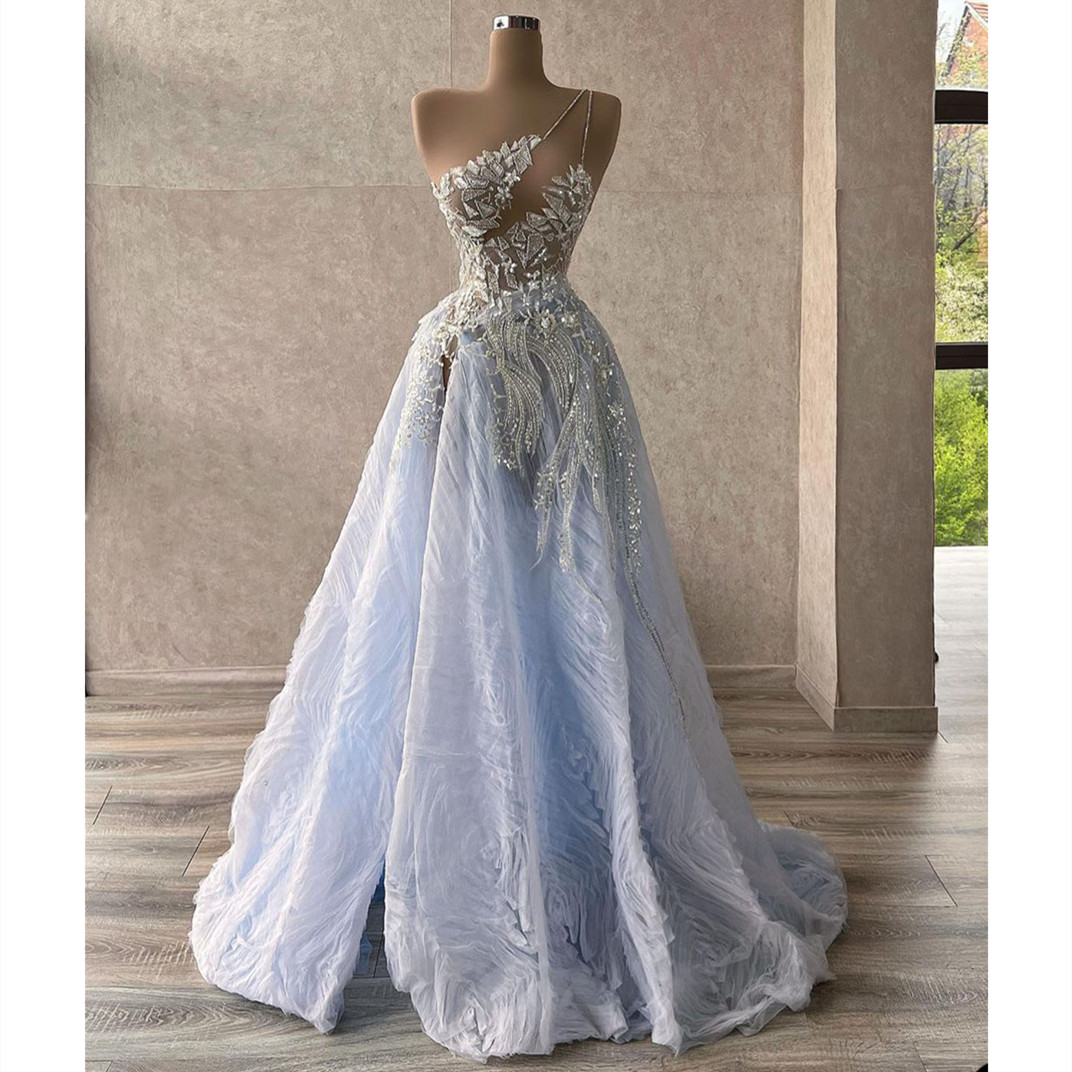 Blue A-line Lace Prom Dresses Princess Sleeveless One Shoulder Sexy V Neck Appliques Sequins Beads Shiny Side Slit Floor Length Party Gowns Plus Size 