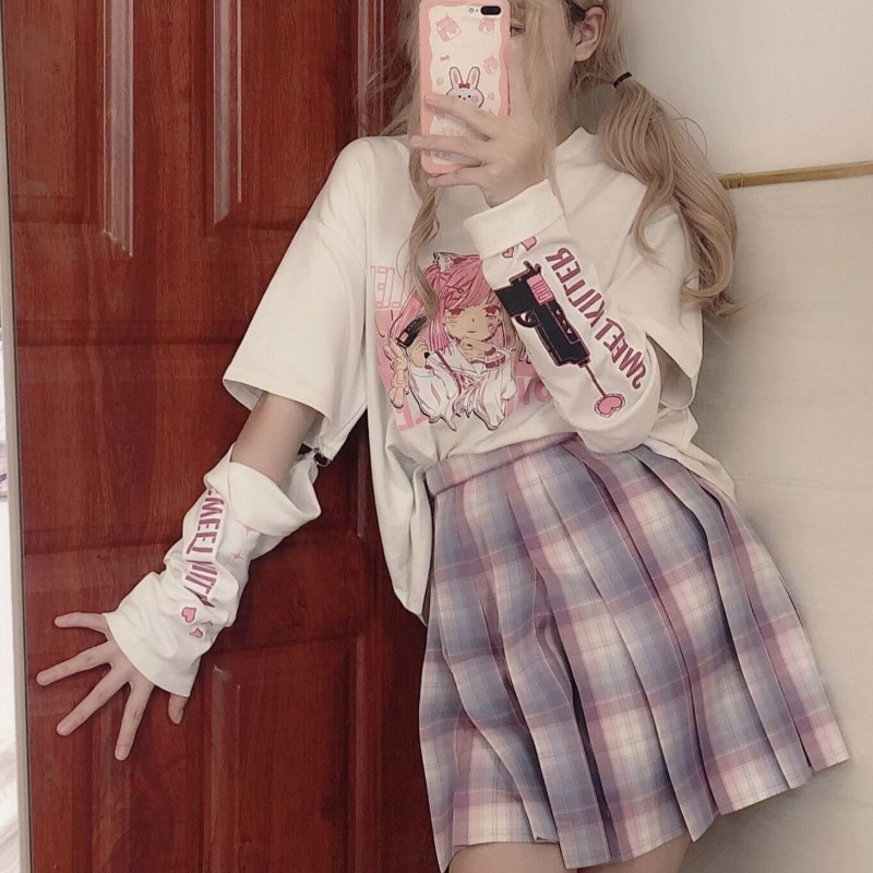 HOUZHOU Anime Print Graphic T-shirt Women Summer Goth Top Mujer Split Sleeves E Girl Y2k Clothes Aesthetic Harajuku Kawaii Tees 220321