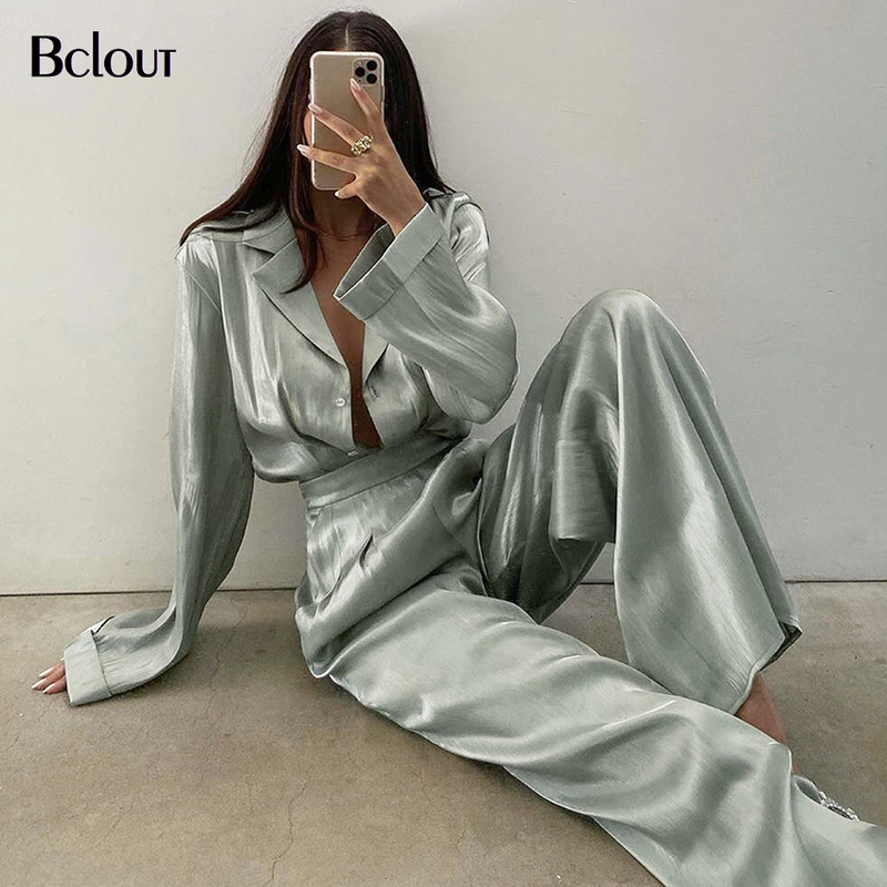 Bclout Green Vintage Two Piece Sets Women Autumn Suits Of Elegant Woman Long Sleeve Top And High Waist Pants 2 Set Female 220315
