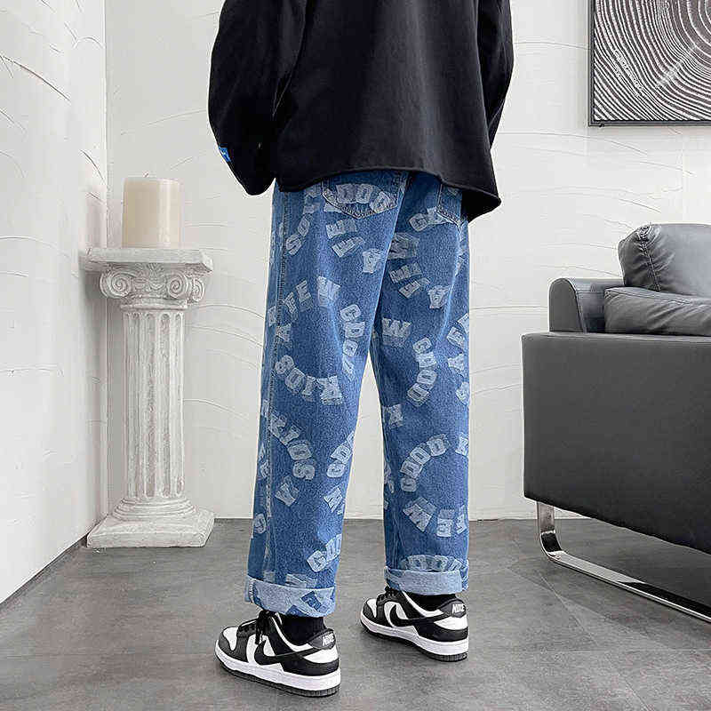 Fashion Men Wide Leg Jeans Letter print Streetwear Hip hop Straight Baggy Denim trend Pants Male Brand Trousers 2022 Autumn New G0104