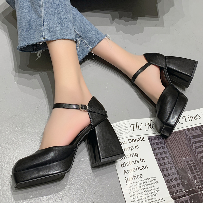 Lucyever Ankle Strap Platform Pumps Women Pu Leather Square Toe Mary Jane Shoes Woman Goth Thick High Heels Ladies 220328