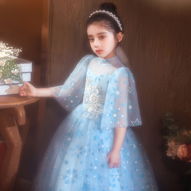 Vintage Lace Ball Gowns Pageant Dresses Off Shoulder 3/4 Long Sleeves Kids Flower Girl Dress Ruffle Sweep Train Sequined Prom Dreses 403