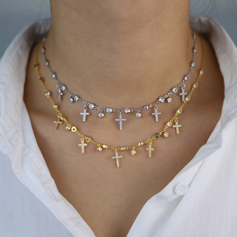 Classic fashion women necklace jewelry 5A cubic zirconia cz station chain cross charm choker necklaces