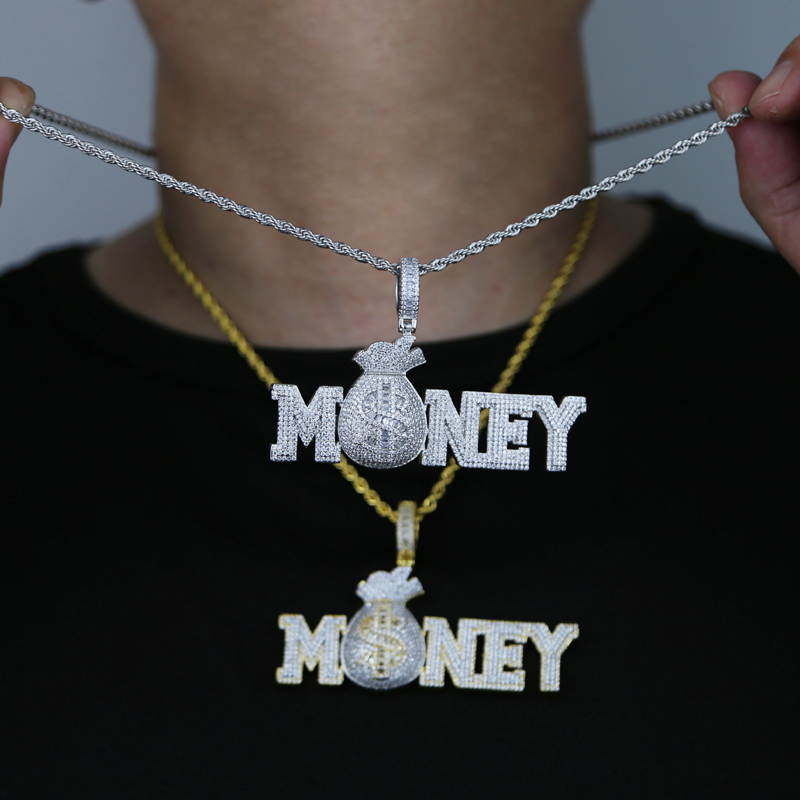 Gold Silver Color MONEY BAG Letter Pendant with Rope Chain Iced Out Cubic Zirconia Pendants Hip Hop Jewelry Gift for Women Men