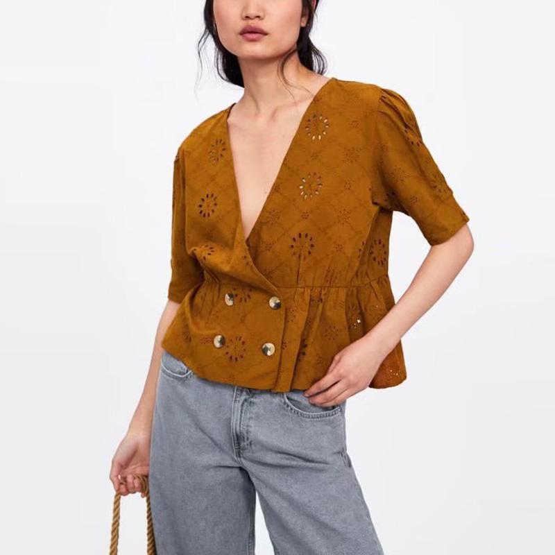Women Embroidered Cotton V Neck Blouse Short Sleeve Hollow Out Buttons Waist Solid Color Casual Office Lady Shirt Tops Women's Blouses & Shi, Brown
Women Embroidered Cotton V Neck Blouse Short Sleeve Hollow Out Buttons Waist Solid Color Casual Office Lady Shirt Tops Women's Blouses & Shi, Brown