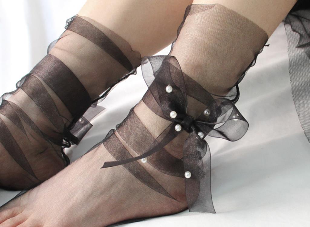 Womens Sheer Slouch Socks Girls Pearl Bow Ultra Thin Mesh Ankle Sock Lace Loose Transparent See Through Novelty Tulle Decorated Midle Socks Black Whit