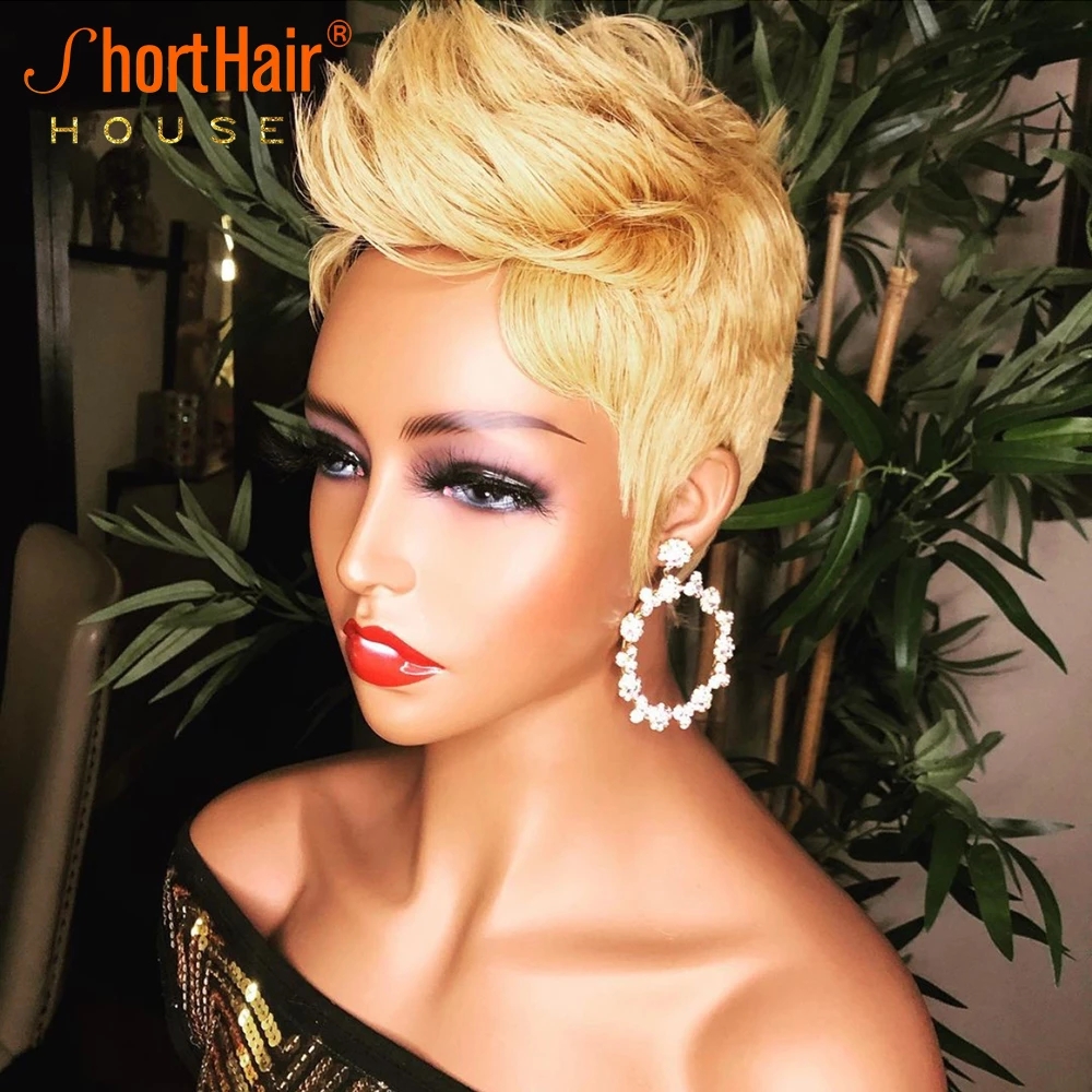 Short Bob Pixie Cut Human hair Wig Brazilian None Lace Front Wigs For Black Women Full Machine Made 150 density