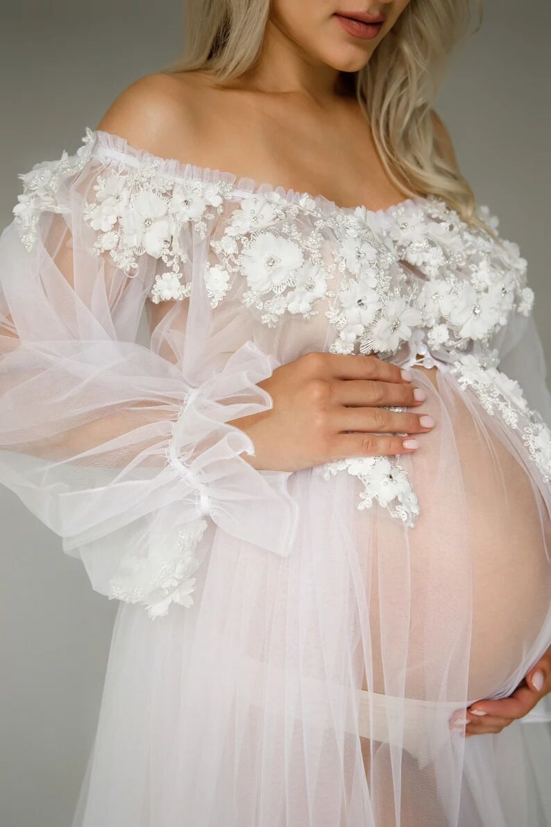 White Illusion Party Sleepwear Dresses Women Long Maternity Flowers Custom Made Robe Evening Dress