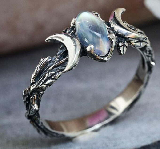 Vintage Silver Bohemian Jewelry Natural Moonstone Gemstone Moon Ring Engagement Party Wedding Jewelry Ring GC891