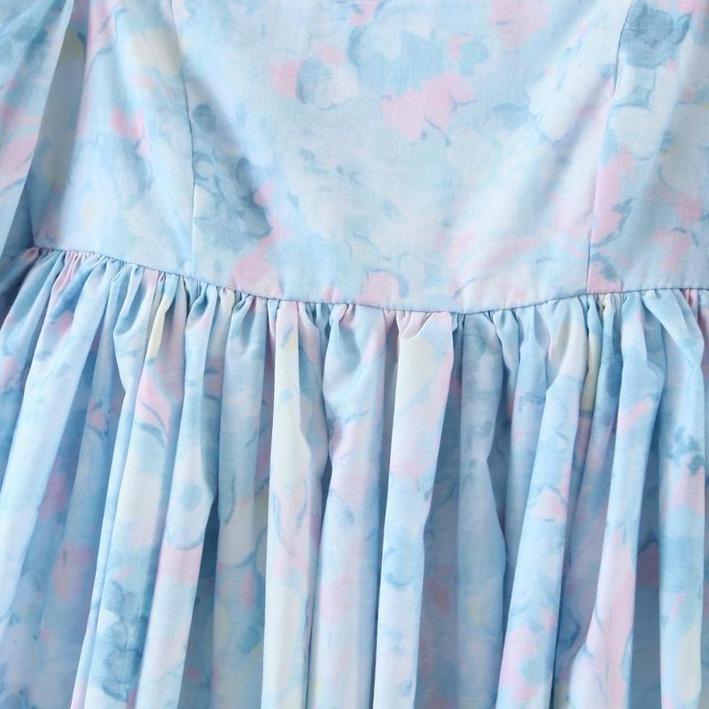 Bright Like Silk BLUE Floral Print Ball Gown Dress Puff Sleeve Retro Women Ruched Pleated Waist Mini Party Dresses Fairy 220511