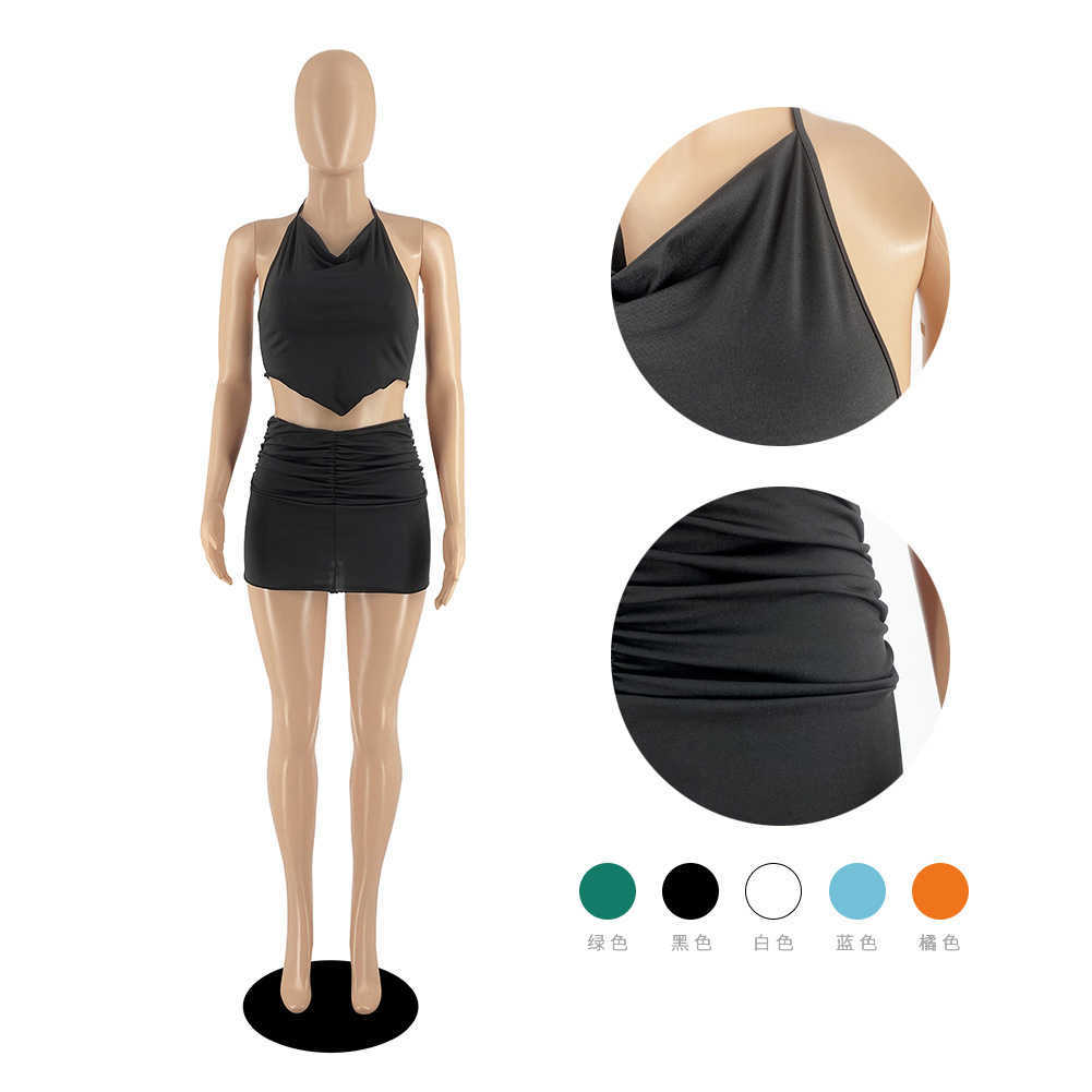 women designers clothes 2023 summer womens new fashion hanging neck open back pleated skirt set