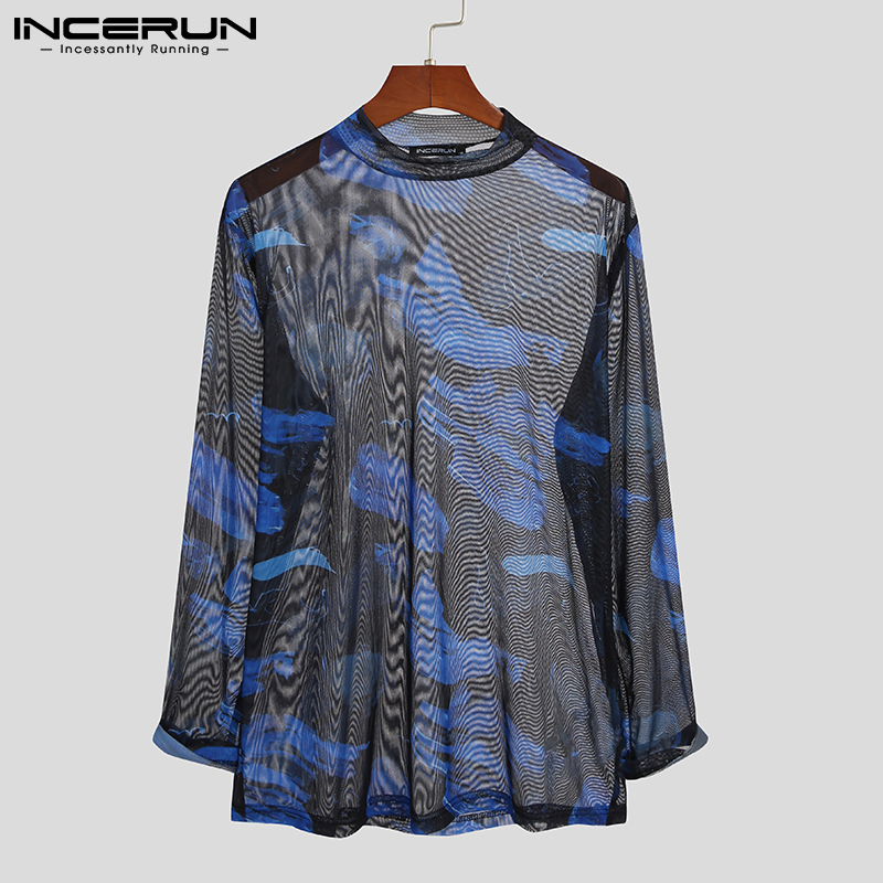 Men T Shirt Turtleneck Mesh Transparent Printed Sexy Long Sleeve Fitness Party Camisetas Streetwear Undershirt INCERUN 7 220616