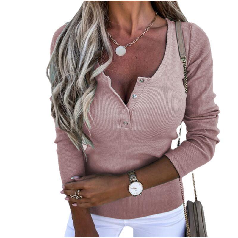 Women Causal Long Sleeve Slim Fit Shirts Autumn Knitted Ribbed Pullover Button Tops Elegant V-Neck Solid Henley 220328