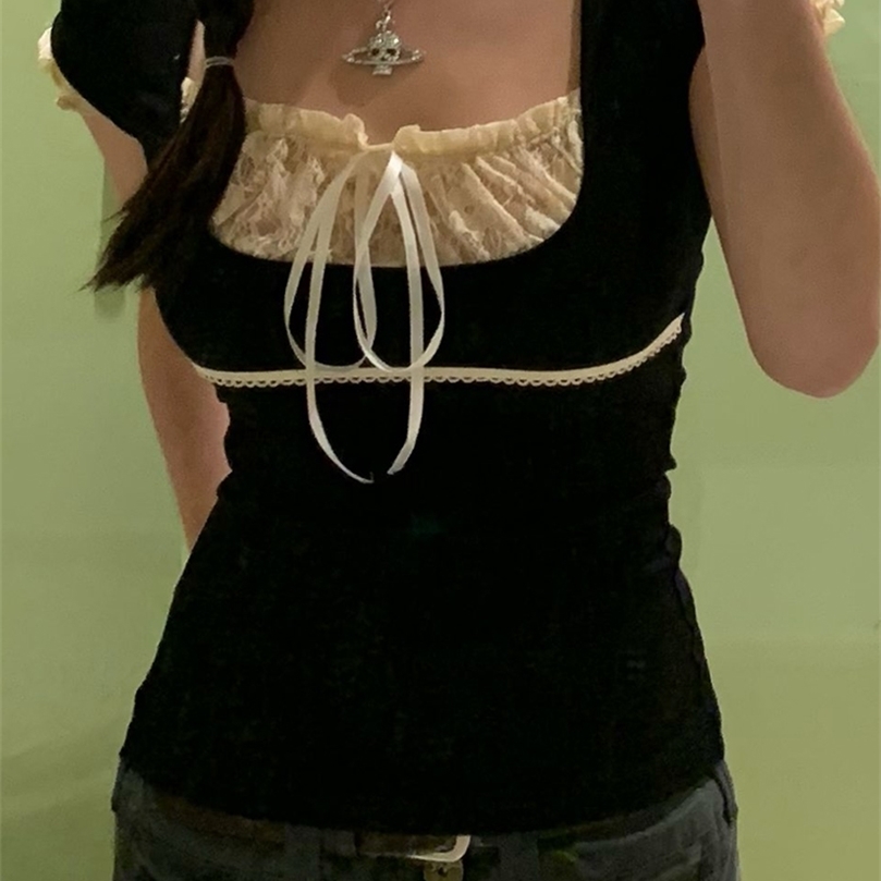Rapcopter y2k Lace Trim Crop Top Bow Cute Sweet Tee Short Sleeve Harajuku Casual T Shirt Women Prepply Retro Korean Top Summer 220407, Black
Rapcopter y2k Lace Trim Crop Top Bow Cute Sweet Tee Short Sleeve Harajuku Casual T Shirt Women Prepply Retro Korean Top Summer 220407, Black