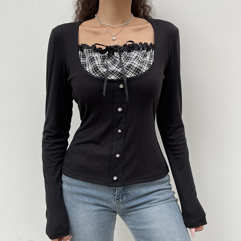 Y2K Vintage Crop Top Women Sweet Cute Lace Frill Bow Square Collar T Shirts Spring Korean Long Sleeve Buttons Slim Tops Tees 220714