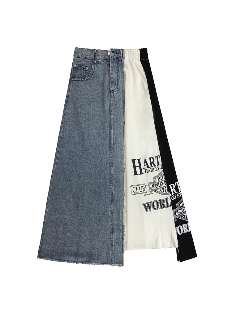 European station letter printing spell denim skirt women loose A type mid-length female temperament casual irregular 220317