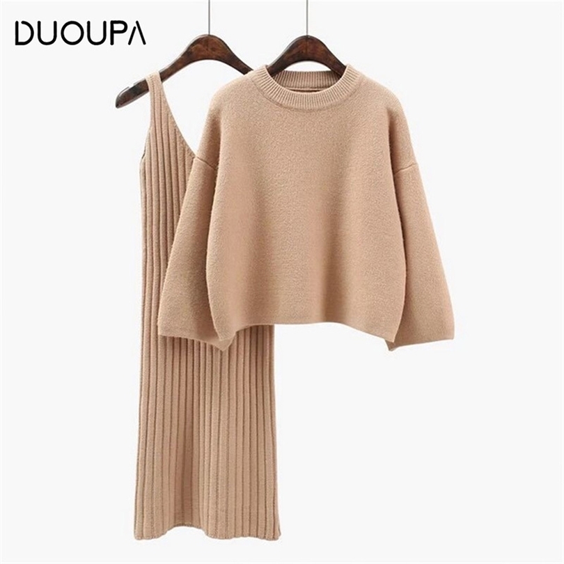 Autumn and Winter Fashion Ladies Sweater Lace Dress Suit Solid Color Female 2 Piece Suit Loose Sweater Knitted Net red 201110