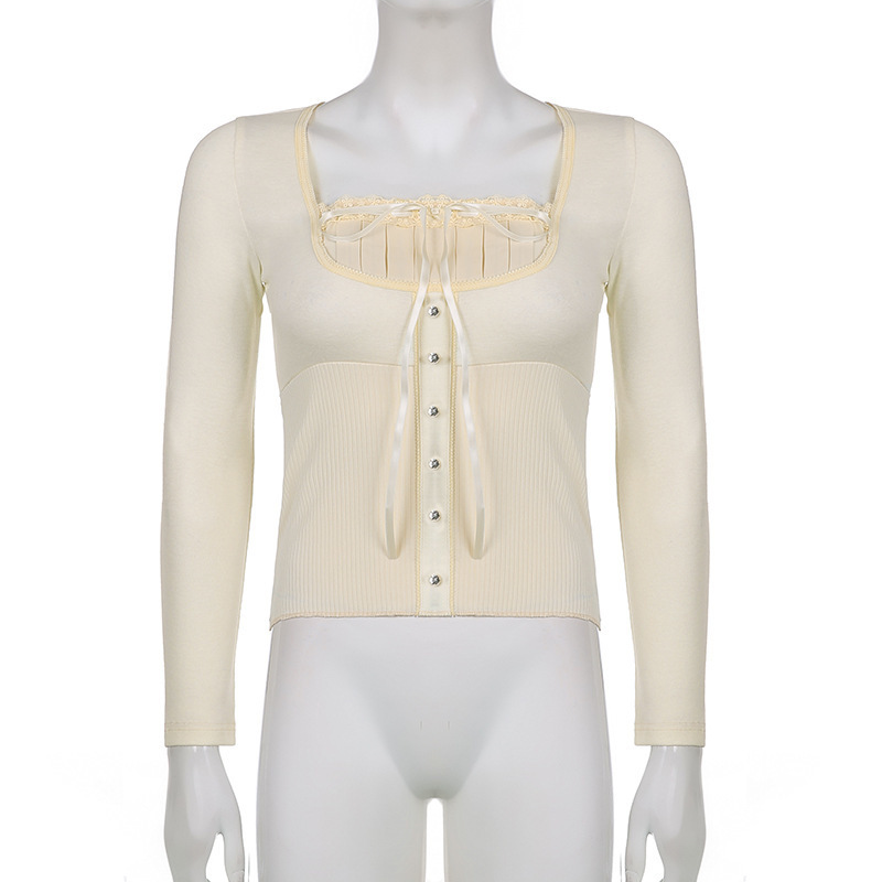 Y2K Vintage Crop Top Women Sweet Cute Lace Frill Bow Square Collar T Shirts Spring Korean Long Sleeve Buttons Slim Tops Tees 220714