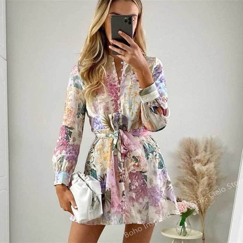 BOHO INSPIRED MULTICOLORED FLORAL PRINT summer DRESS women buttons down belted long sleeve woman dress elegant ladies dress 220808
