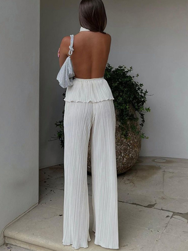 Pleated Halter Tank Top Long Pants Set Women Summer White Sexy Backless Sleeveless Tops Suits Female Elegant Trouser 2 Piece Set 220602