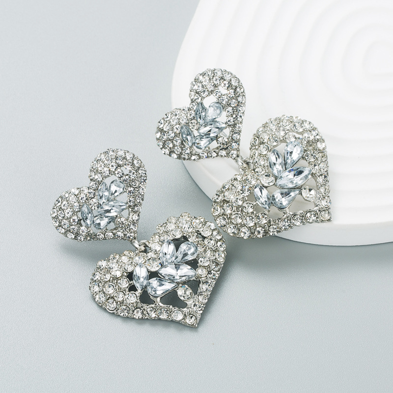 Fashion Exaggerated Studs Drop Earring Crystal Rhinestone Double Heart Dangle Wild Long Peach Love Heart Earrings for Women Wedding Modern Party Jewel