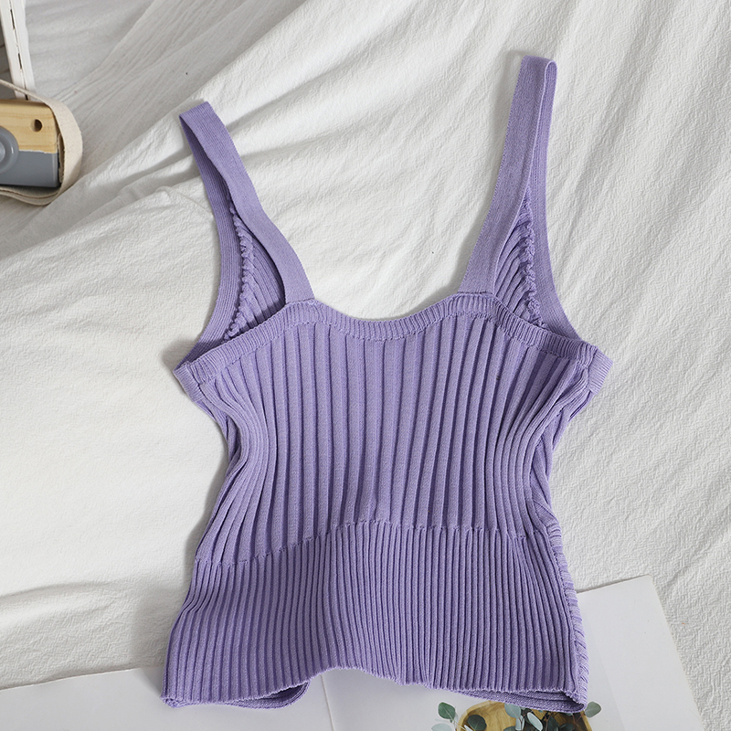 Summer Retro pit knit vest V-neck solid color high waist halter top women street short knitted slim suspender Camis womens 220325