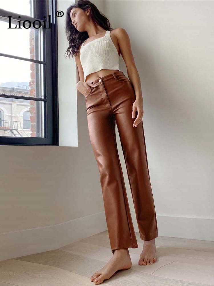 Faux Leather Straight Leg Pants High Waist Spring Sexy Brown Slacks For Women Bottoms Vintage Streetwear Trousers 220325