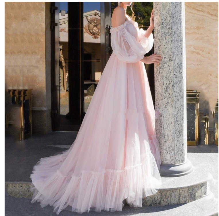 Off Shoulder Prom Party Dresses Long Sleeve Princess Tulle Lace-up Formal Evening Dress Long