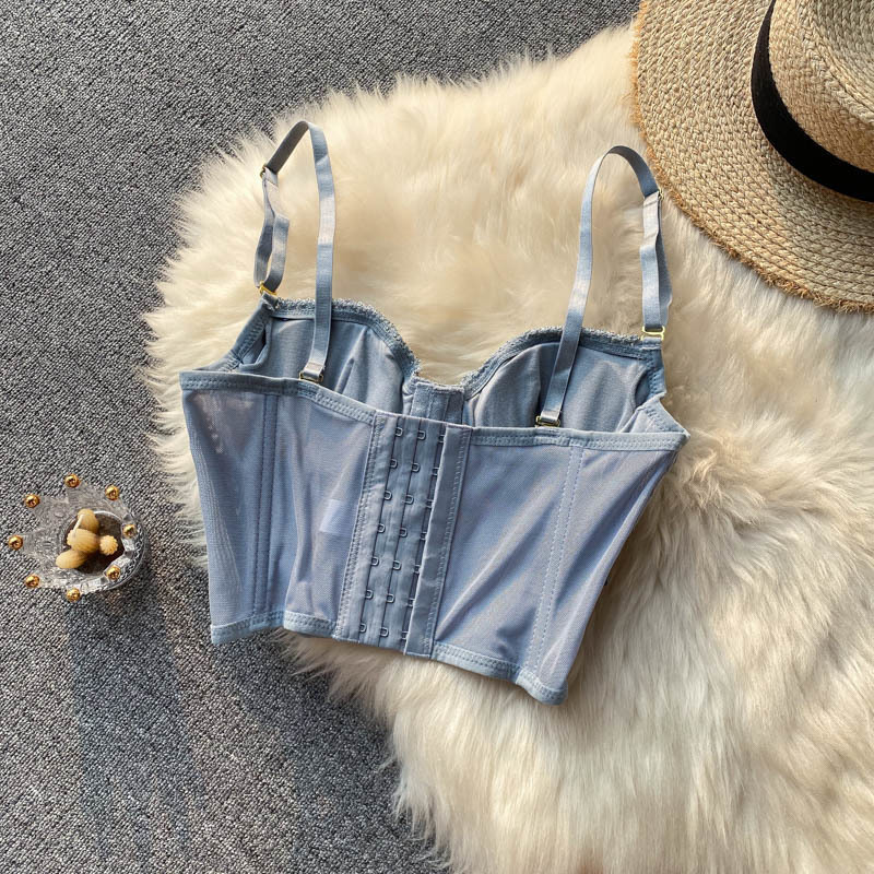French Romance Floral Embroidery Bustier Corset Top Women Summer Ultrathin Push up Bra Adjustable Strap Cami Tank 220325