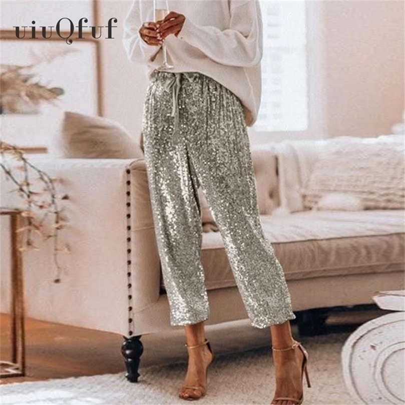 Sexy Sequined Cargo Pants Glitter Shiny High Waist Casual Party Ladies Sweatpants Belt Casual Elastic Straight Loose Trouser 201228