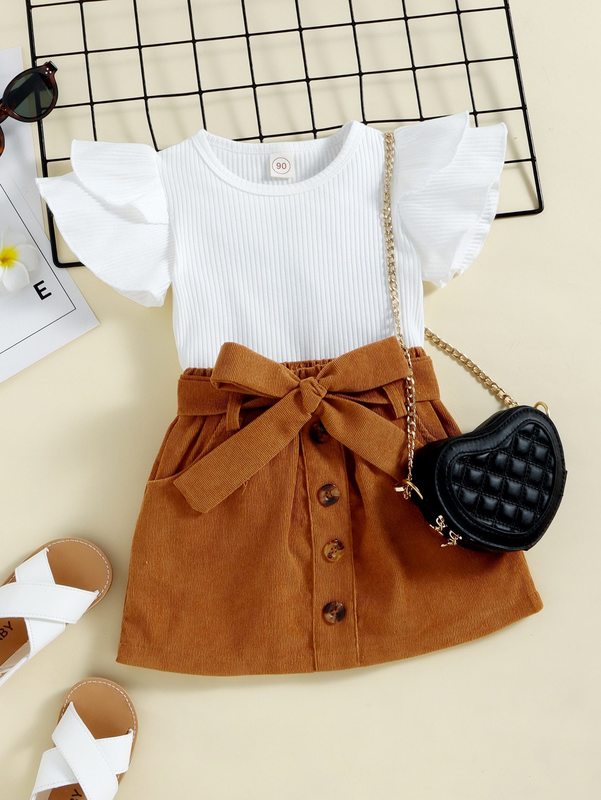 Toddler Girls Ruffle Trim Top & Belted Skirt SHE