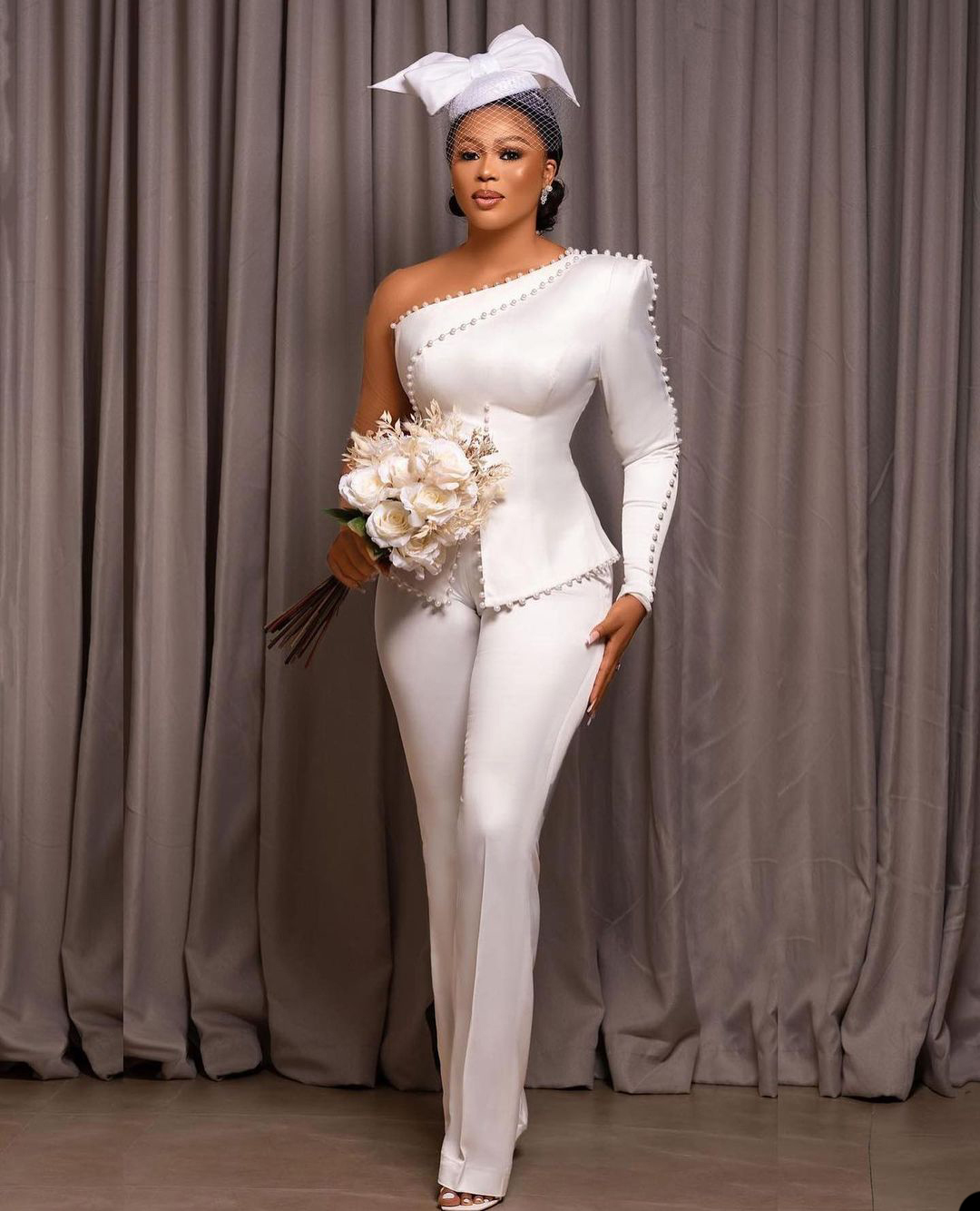 Vintage Two Pieces Mother Of The Bride Dresses One Shoulder Pearl Wedding Guest Dress Plus Size Pencil PantsFormal Gowns