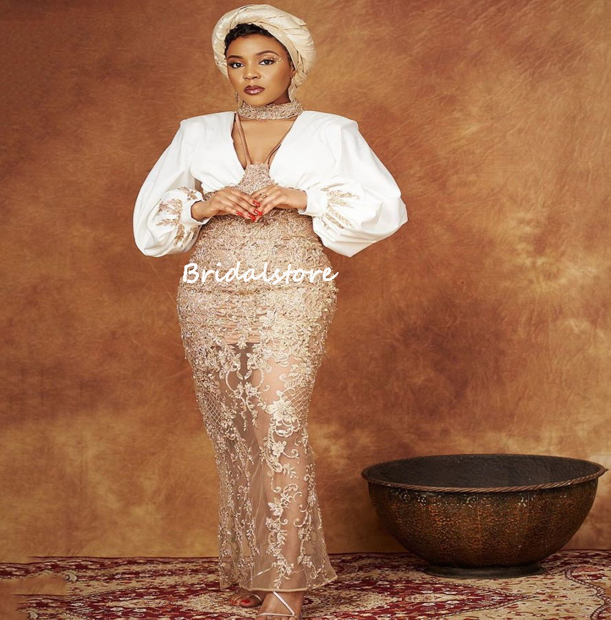 Aso Ebi Lace Evening Dress Mermaid Nigerian Puff Sleeve Plus Size Black Girls Prom Dress 2022 V Neck Beaded Formal GownFor Special Occasion Party Wear