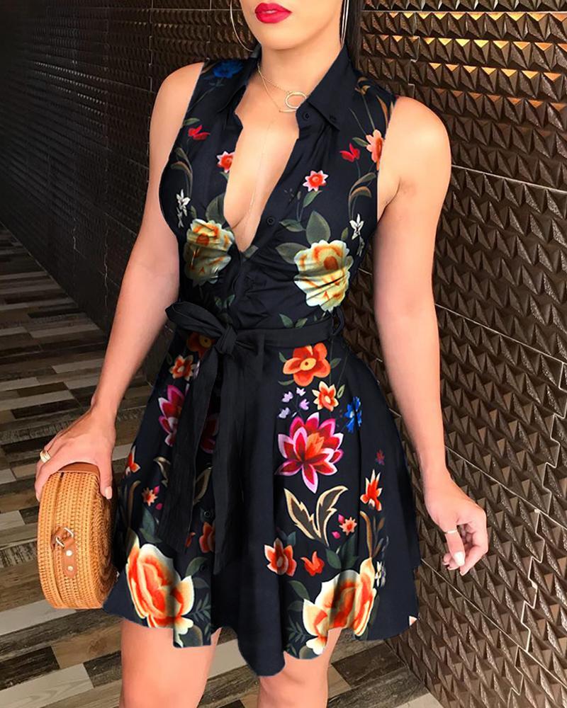 Casual Dresses 2022 Women Fashion Elegant VIntage Turn-down Collar Sleeveless Mini Dress Floral Print Shirt With Belt, Black
Casual Dresses 2022 Women Fashion Elegant VIntage Turn-down Collar Sleeveless Mini Dress Floral Print Shirt With Belt, Black