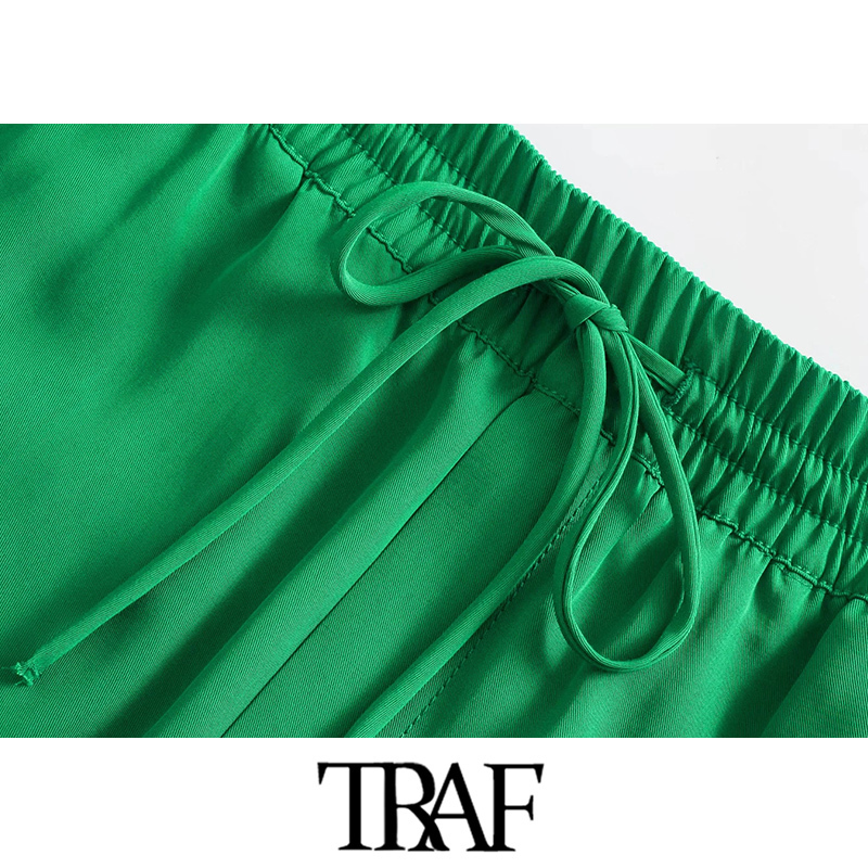 TRAF Women Chic Fashion Side Pockets Loose Wide Leg Pants Vintage High Elastic Waist Drawstring Female Trousers Mujer 220325