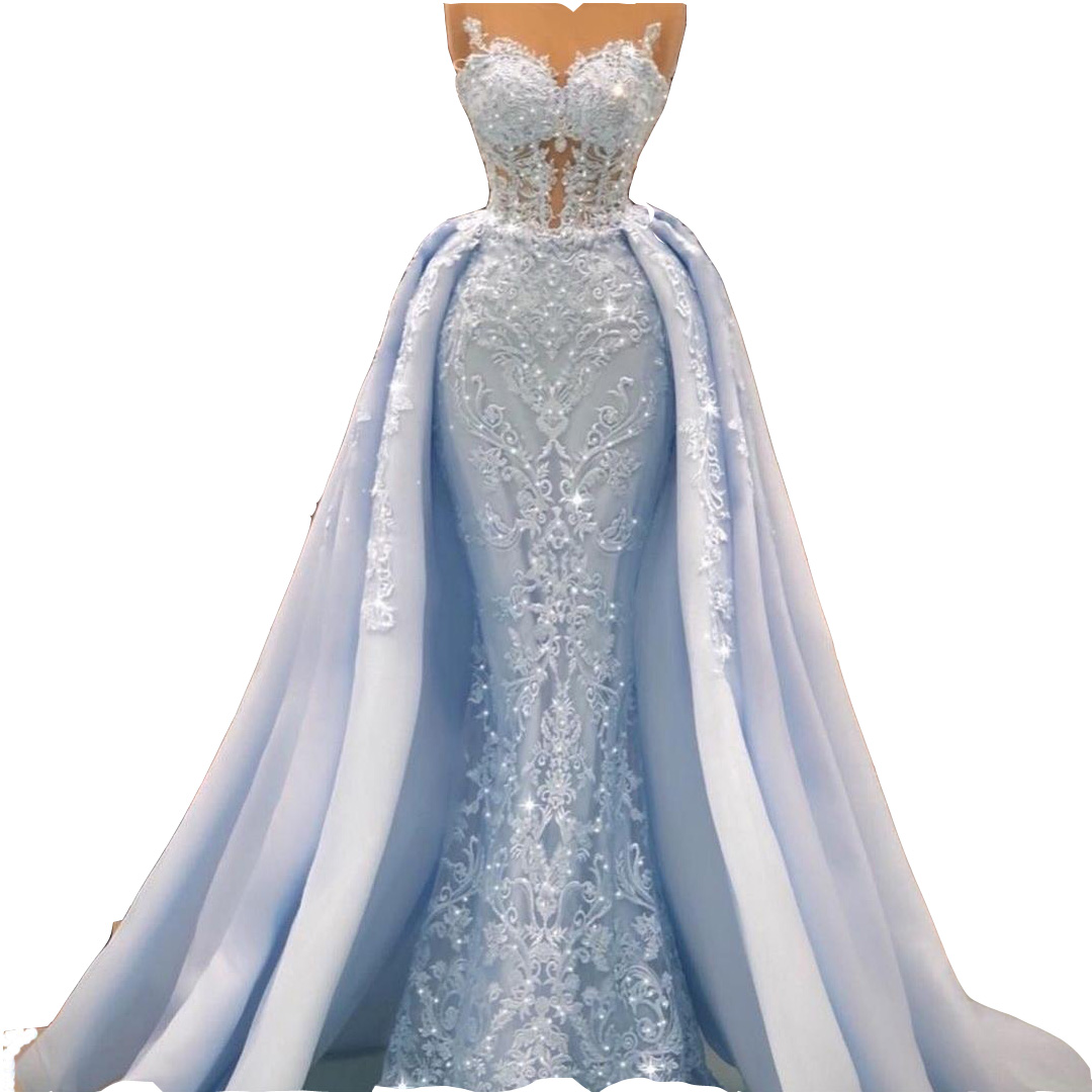 2024 Sexy Light Blue Luxurious Mermaid Evening Dresses Sweetheart Illusion Full Lace Appliques Crystal Beaded Long Overskirts Formal Party Dress Prom 