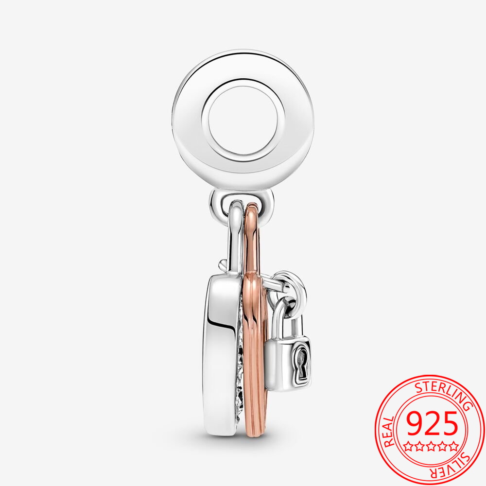 New Popular 925 Sterling Silver Rose Gold Heart Padlock Double Charm For Snake Bracelet DIY Jewelry Girl Gift Making