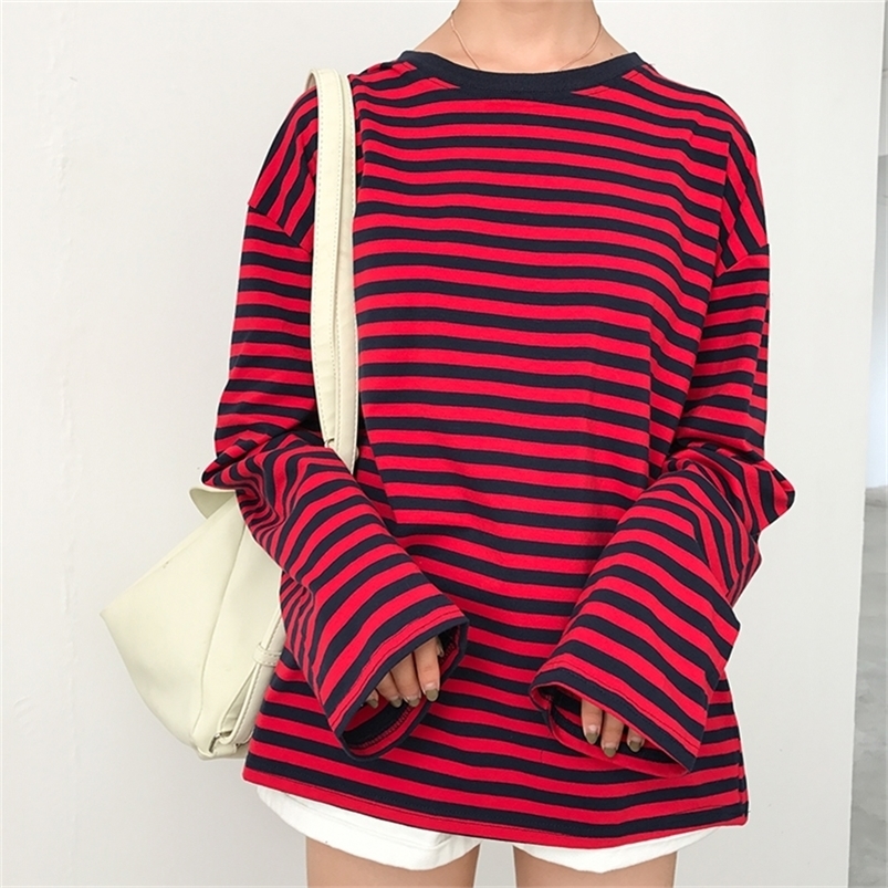 Vintage Fashion Basic Loose Casual Striped All Match Simple Long Sleeve Female T shirts 220714