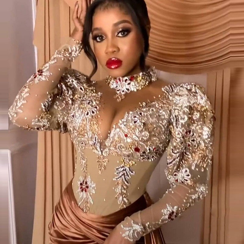 Arabic Mermaid Evening Party Dresses Sexy Slit Plus Size Long Sleeve Sheer Neckline Beads Crystals Appliques prom reception gown