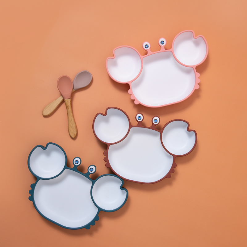Baby Silicone Plate 1pc Cartoon Tableware Little Crab Three Divisions BPA-free Non-slip And Edible Supplementary Training Plate 220512